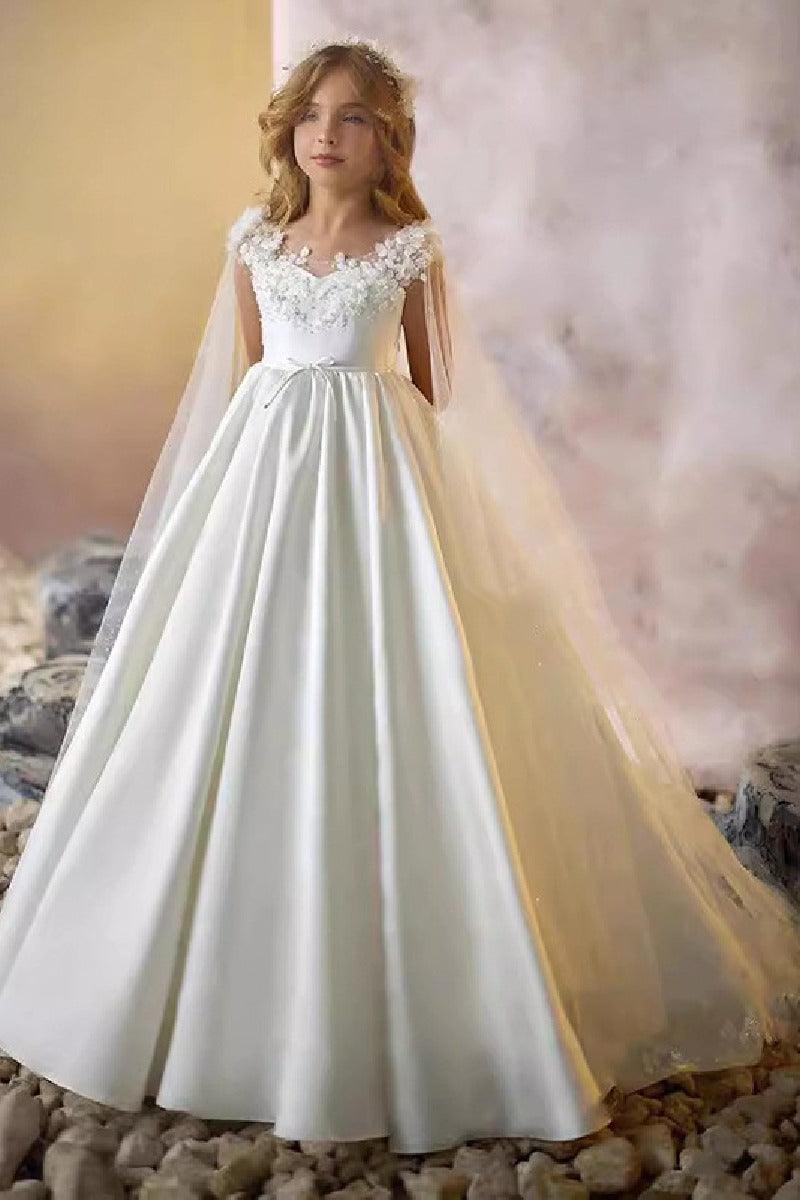 A-Line Illusion Sweetheart Neck Cap Sleeve Satin Sweep-Brush Train Flower Girl Dresses 937382238421 - 10 Days / White / 2 - COCOMELODY